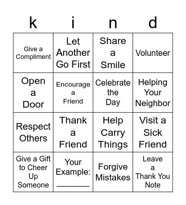 Random Acts of Kindness Bingo Card