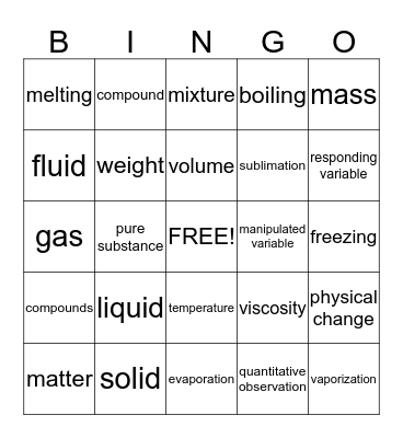 Properties of Matter Bingo Card