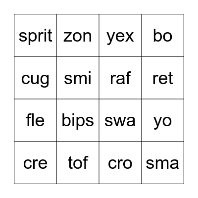 Open and Closed Syllable Bingo Card