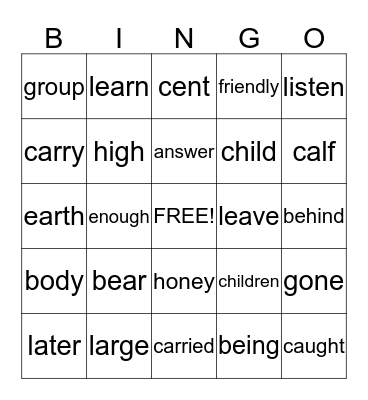 2 B Trick Words Bingo Card