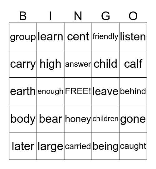 2 B Trick Words Bingo Card