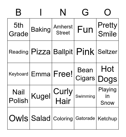 Aliza's Birthday Bingo Card