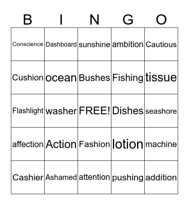 "sh" Bingo Card