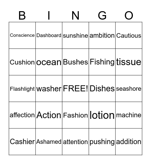 "sh" Bingo Card