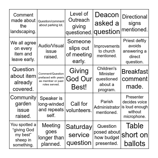 St. Matthew's Annual Meeting Game Bingo Card