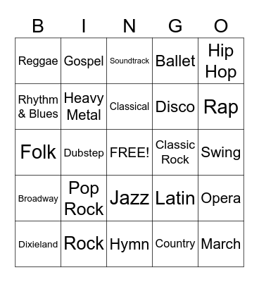 Music Genre Bingo Card