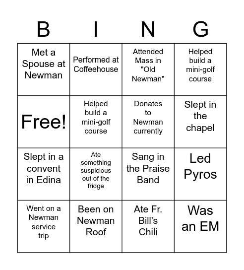 Newman Alumni Bingo Card