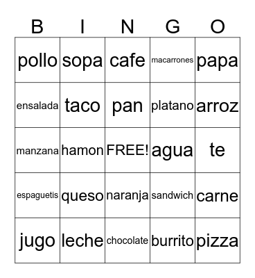 Las comidas Bingo Card