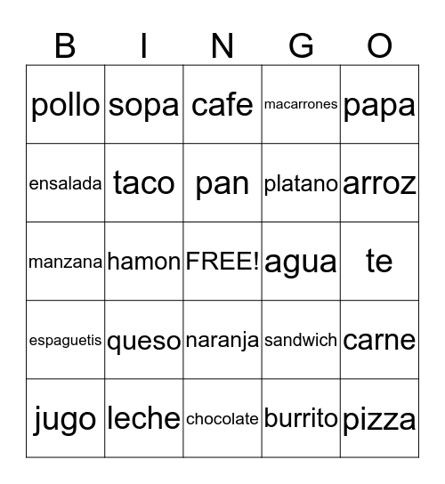 Las comidas Bingo Card