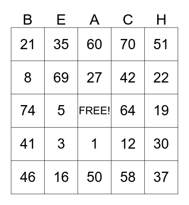 KEY 103 BEACH BINGO Card