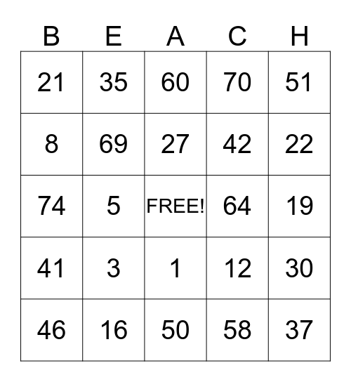 KEY 103 BEACH BINGO Card