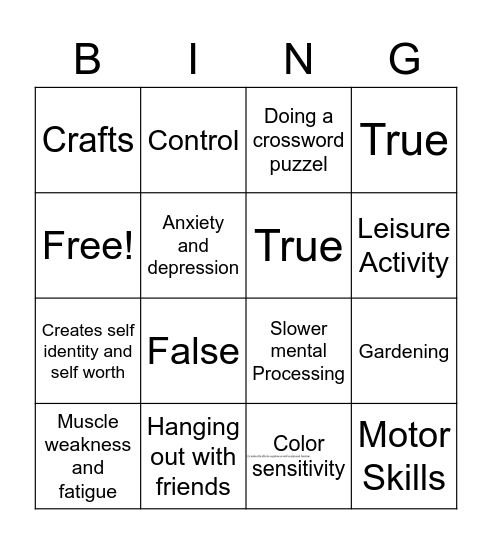 Leisure Activity Bingo Card