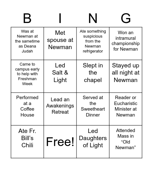 Newman Alumni Bingo Card