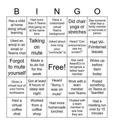 Virtual Work Bingo Card