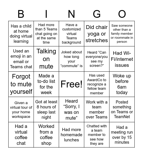 Virtual Work Bingo Card