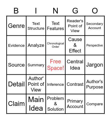 ELA Vocabulary Bingo Card