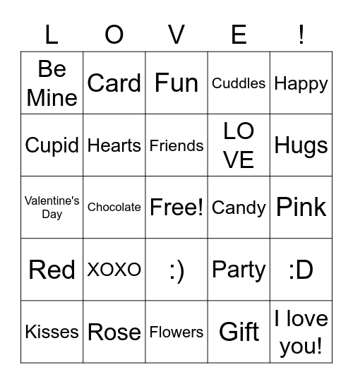 Valentine's Day Cousin Sleepover Bingo Card