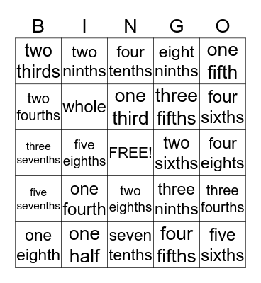 Fraction Bingo Card