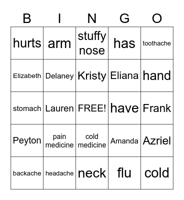 I'm sick! Bingo Card