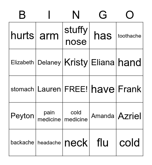 I'm sick! Bingo Card