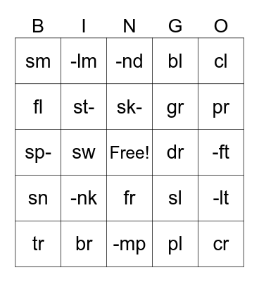 Initial and Final Blends Bingo 2 Bingo Card