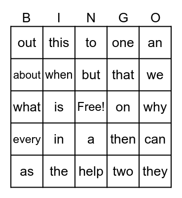 sight words Bingo Card