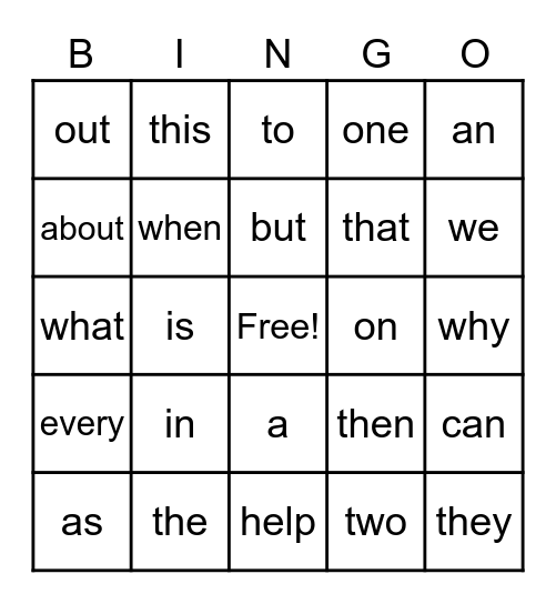 sight words Bingo Card