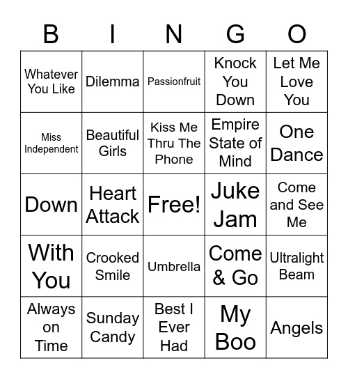 R&B/RAP/Hip-Hop HITS Bingo Card
