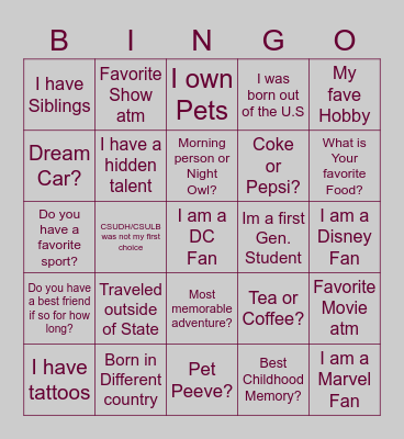 Bonding Bingo Card