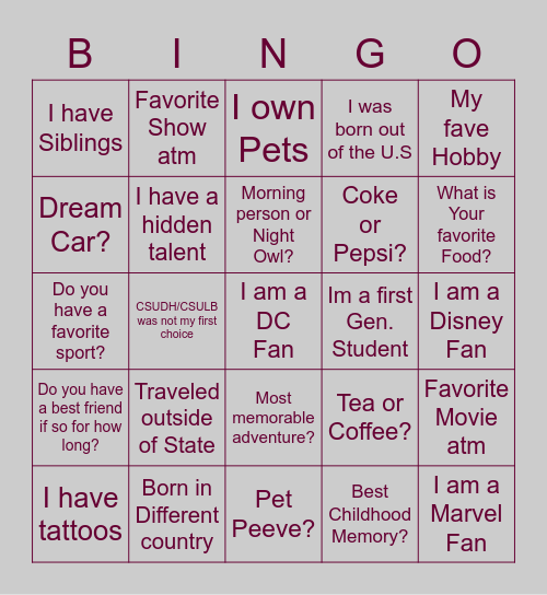 Bonding Bingo Card