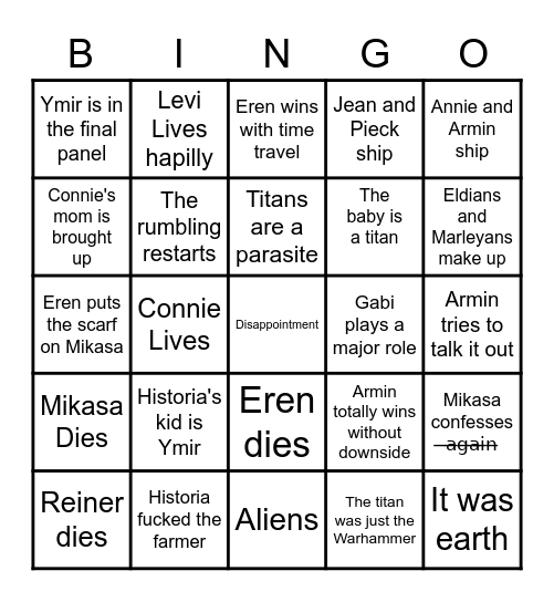 Attack on Titan Finale Bingo Card