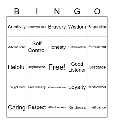 Character Education Bingo Card