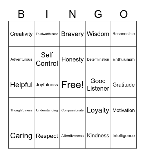 Character Education Bingo Card