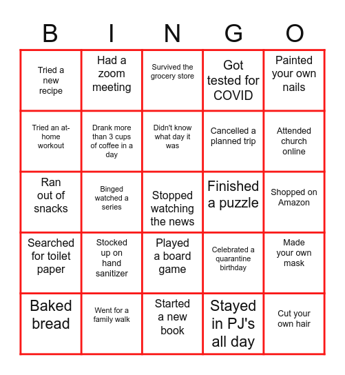 Quarantine Bingo Card