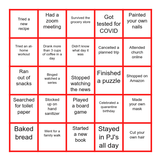 Quarantine Bingo Card