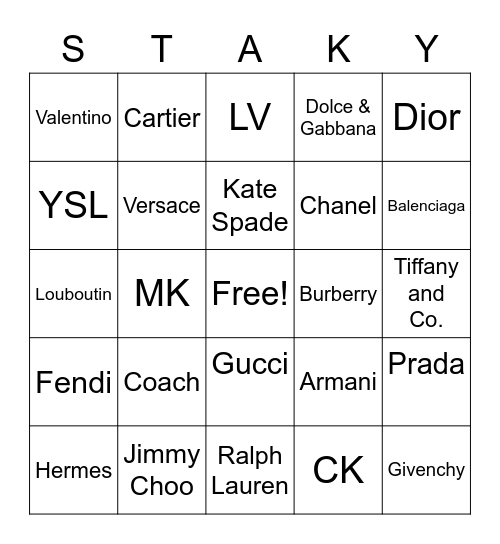 Stacey's Designer Brands Bingo Card