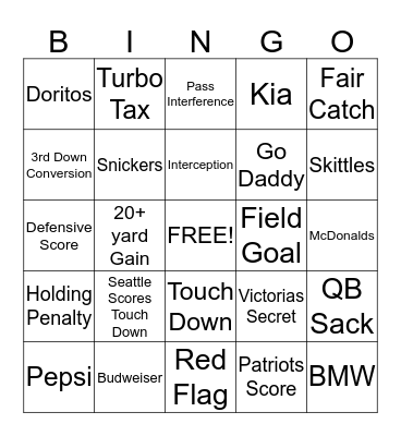 Super Bowl Bingo Card