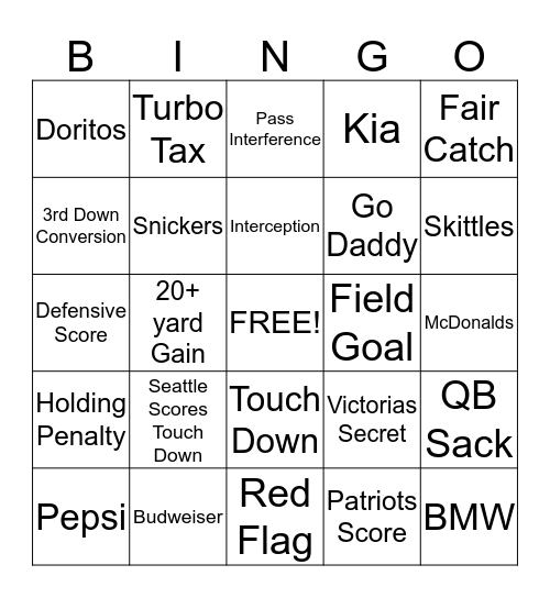 Super Bowl Bingo Card