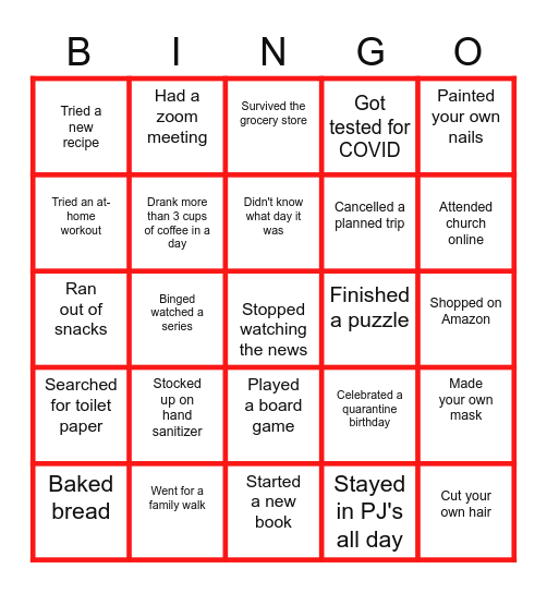 Quarantine Bingo Card