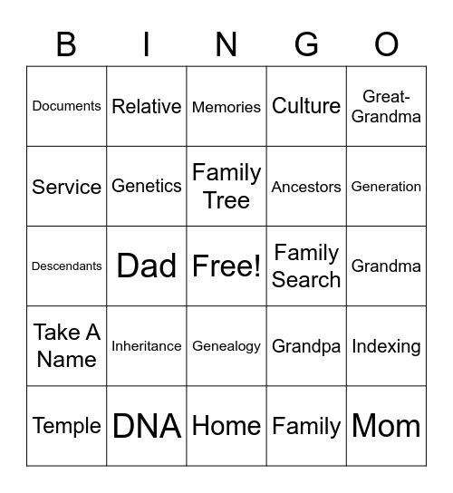 Family History Bingo Card