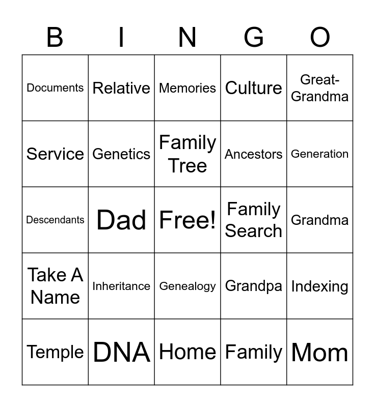 Family History Bingo Card