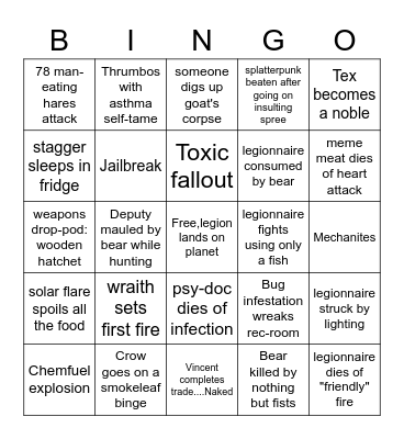 Rimworld Bingo Card