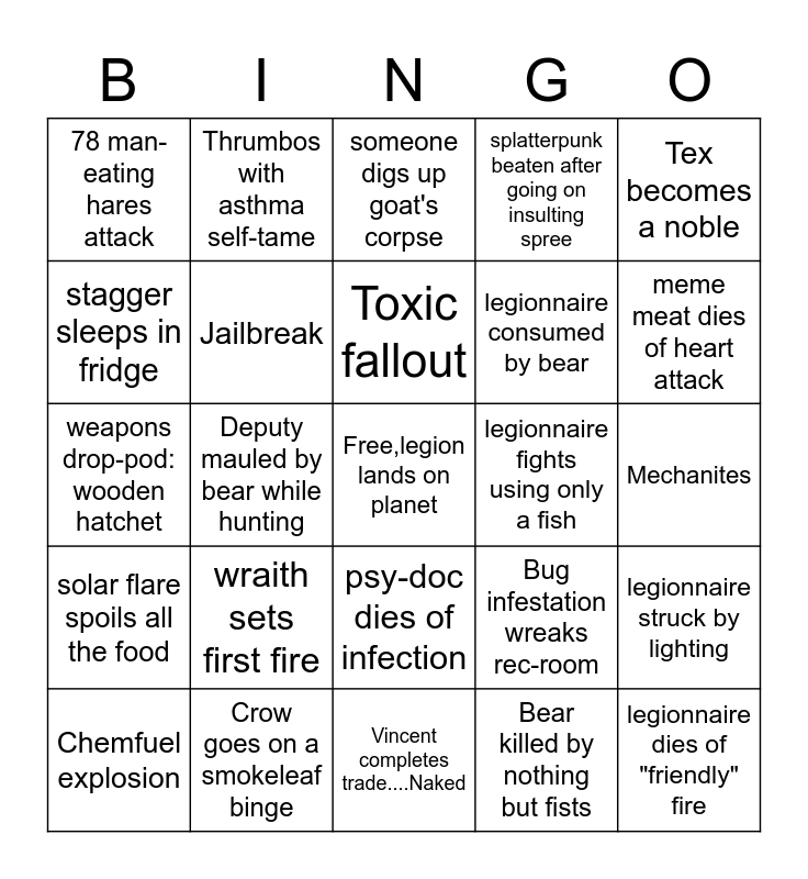 Rimworld Bingo Card