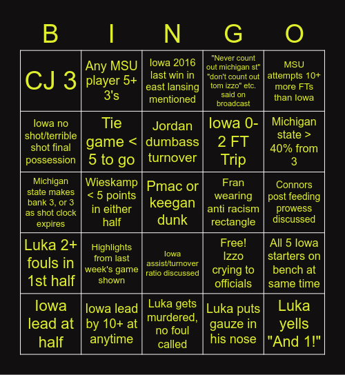 Iowa at Michigan State Bingo Card