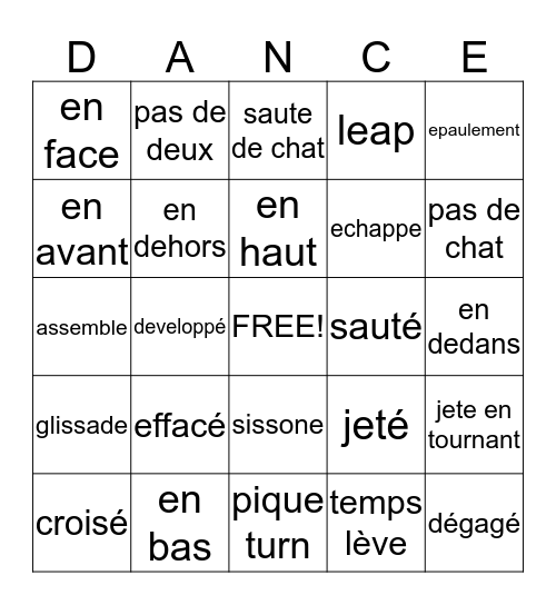Tech 2 Ballet Vocab Bingo Card