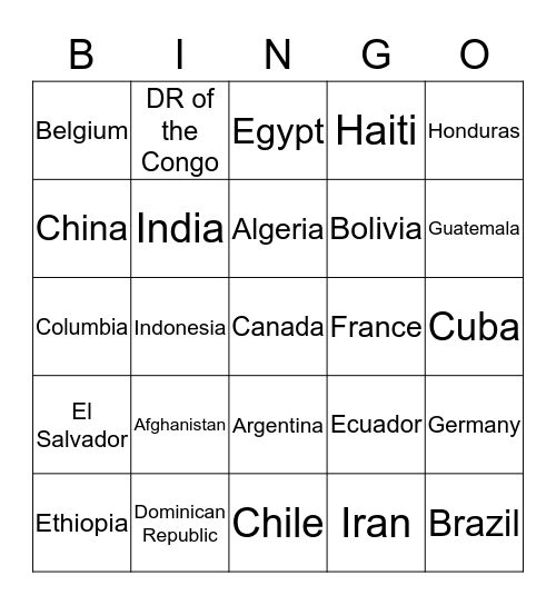 Countries & Capitals Bingo Card