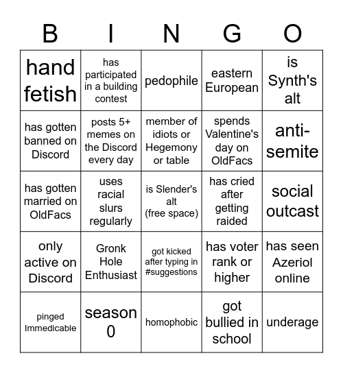 OldFacs Player Bingo Card