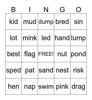 Closed Syllables and Consonant Blends Bingo Card