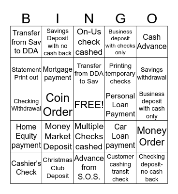 Teller Transaction Bingo I Bingo Card