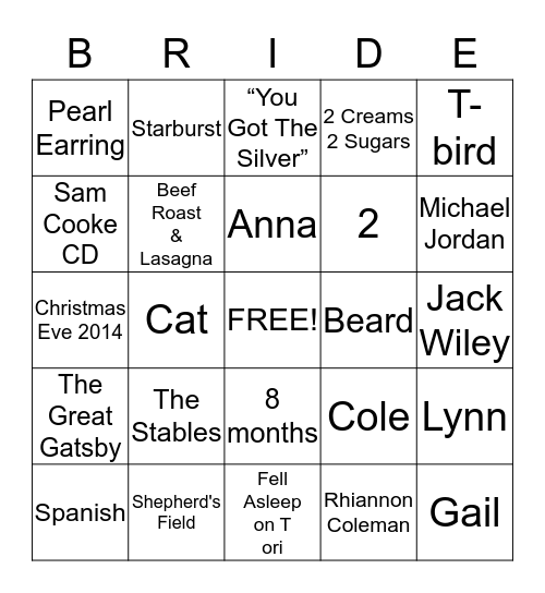 Bride Bingo Card